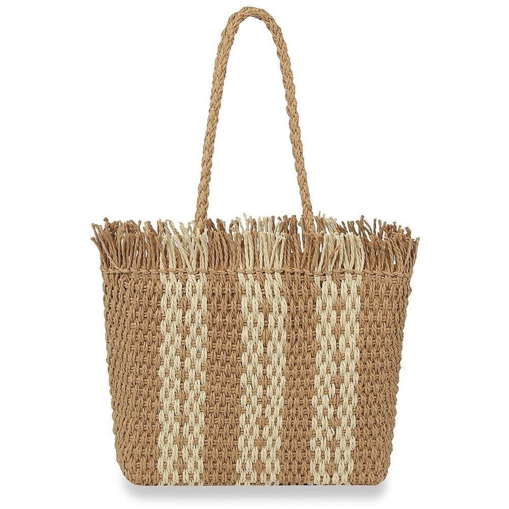 Women Taupe Straw Bag Summer Beach Large Tote Bag Handmade Woven